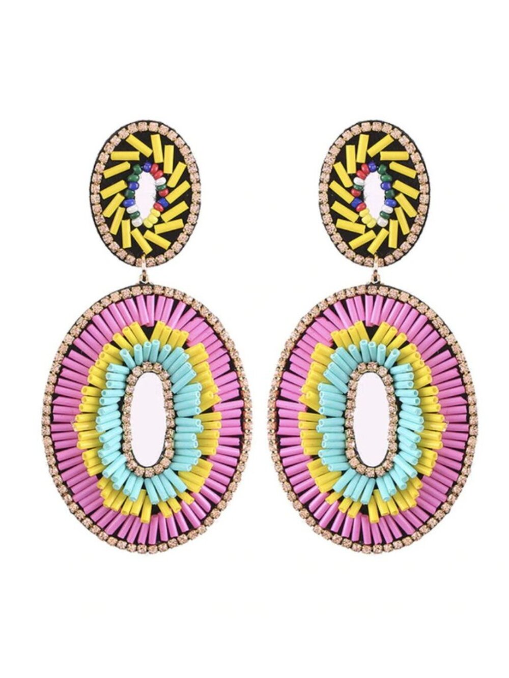 Oval Rainbow Large Crystal Beaded Dangle Earrings